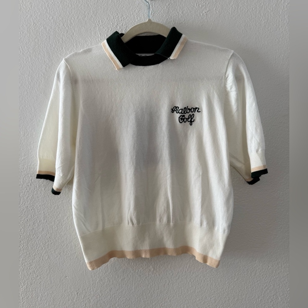 Malbon Golf Women’s Knit Polo Sweater Cream Green Trim (Korean 90 / US S) EUC